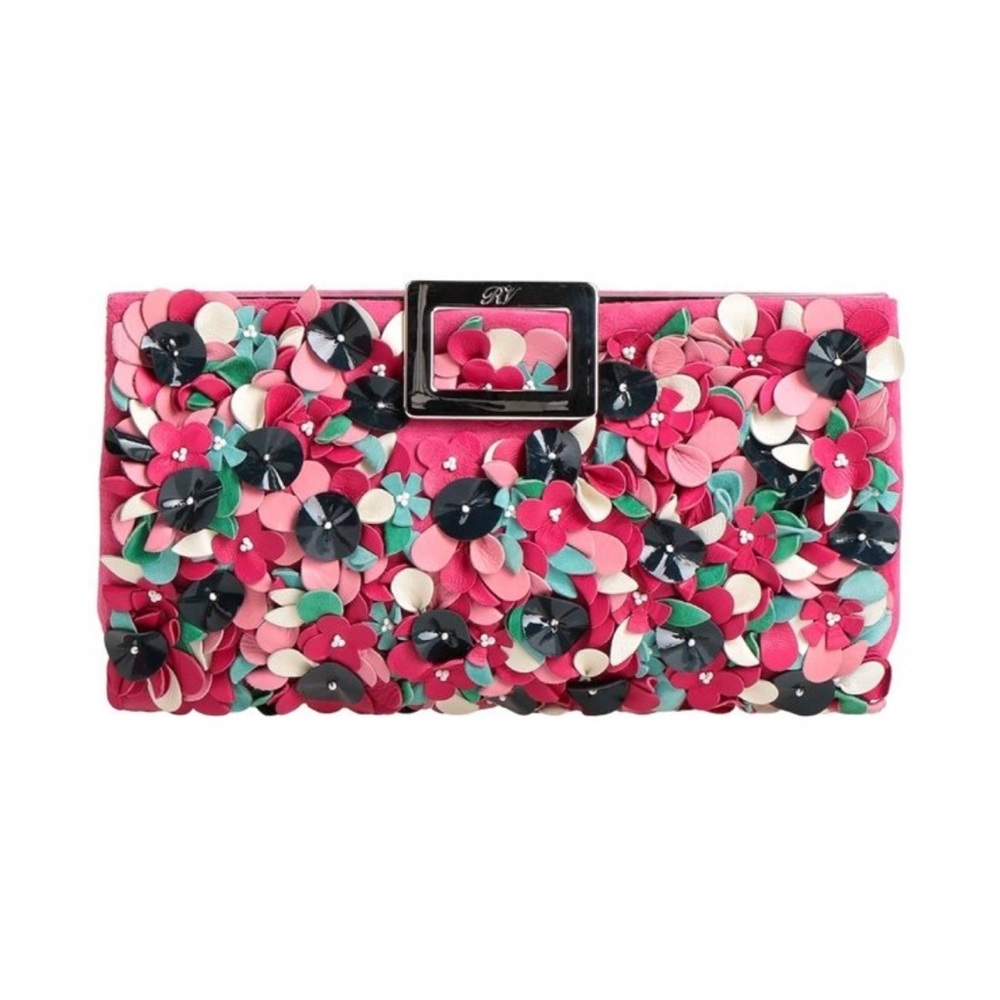 Roger Vivier Pink Floral Appliqué Clutch with Black Buckle